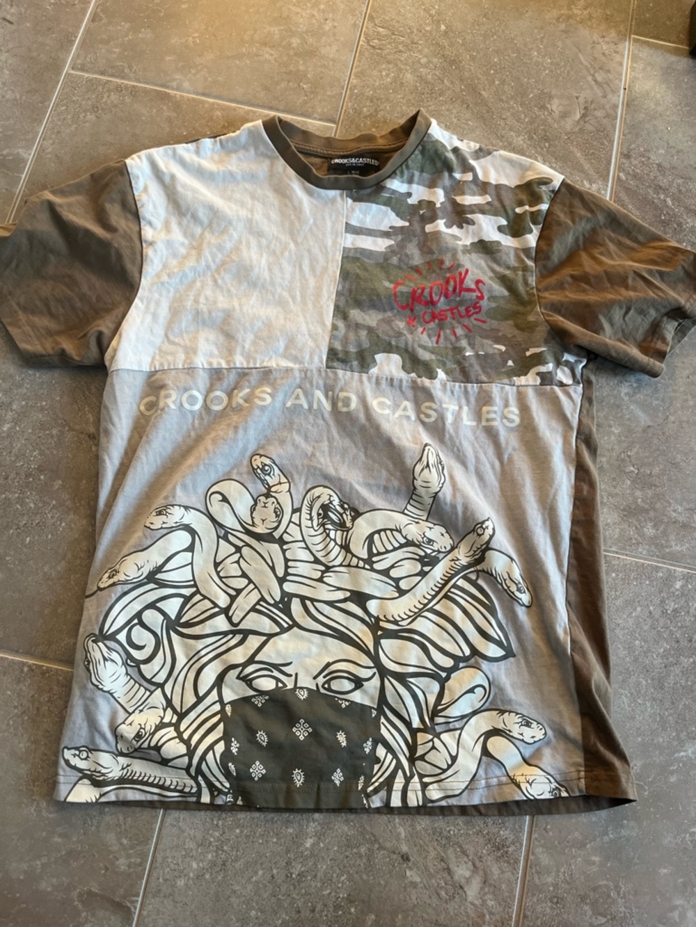 Crooks & Castles Gray Camo Panel Graphic Tee with Red Logo